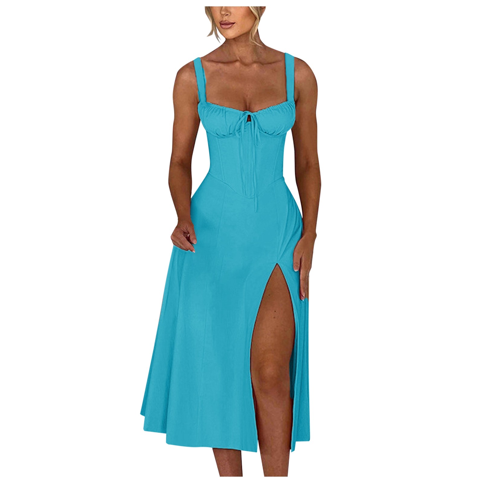 thumbnail image 1 of Vestido largo sin mangas y sin espalda con corte en A para mujer - Color liso, poliéster, para fiestas de verano y ocasiones formales, 1 of 5